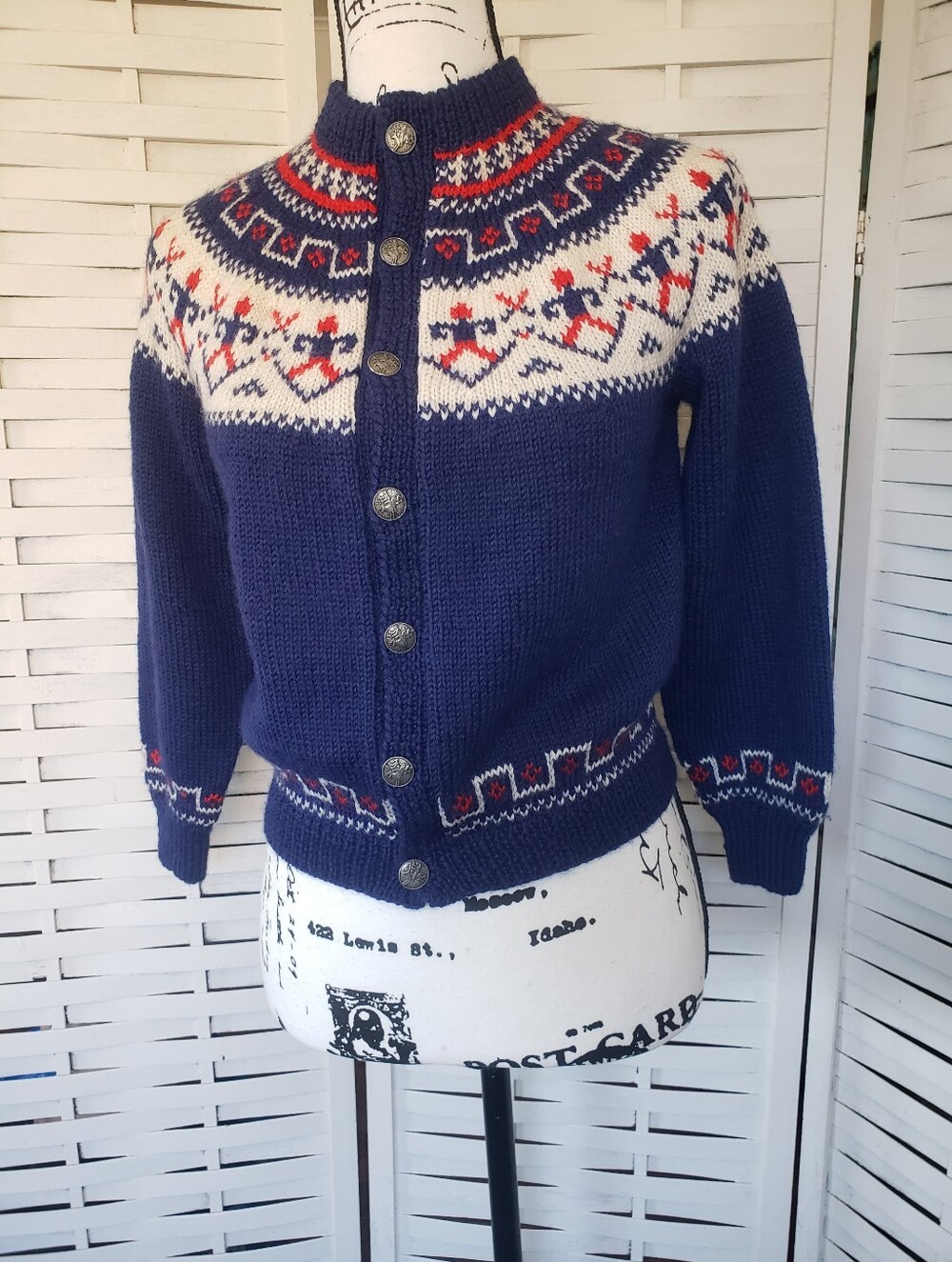 Brødrene Høllen Blue Wool Button Up Sweater with Red & White Accents